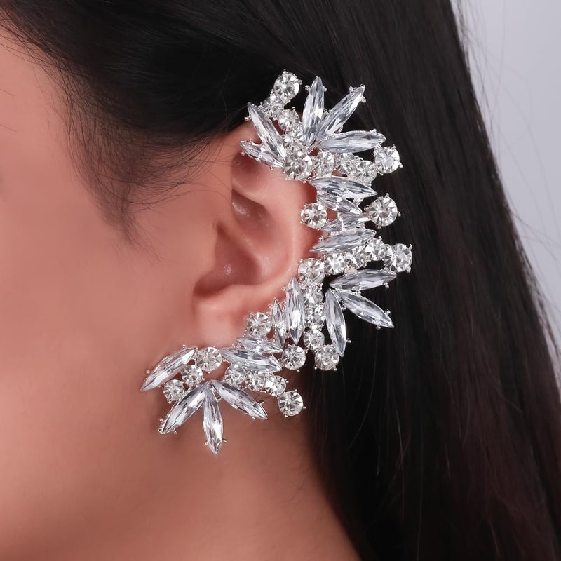 STONEFANS Rhinestone Silver Full Ear Cuff Earrings for Women Ear Clip Wrap Statement Climber Crawler Earrings for Women Hypoallergenic Silver Wedding Jewelry Gifts - Image 4